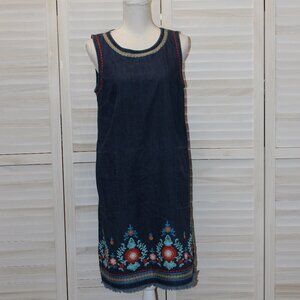 J Jill Denim Jumper Dress Frayed Hem Embroidery Size Small